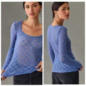 Maeve by Anthropologie Sheer Lace‎ Layering Top Hazy Blue Stretch Romantic XXS